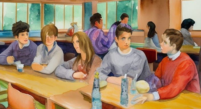 Teenagers in school Cafeteria :: watercolor art :: fine details
