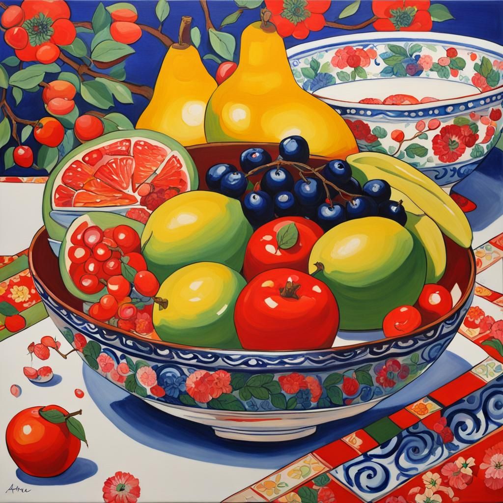 Vibrant Oriental Still Life with Colorful Fruits and Seramic...