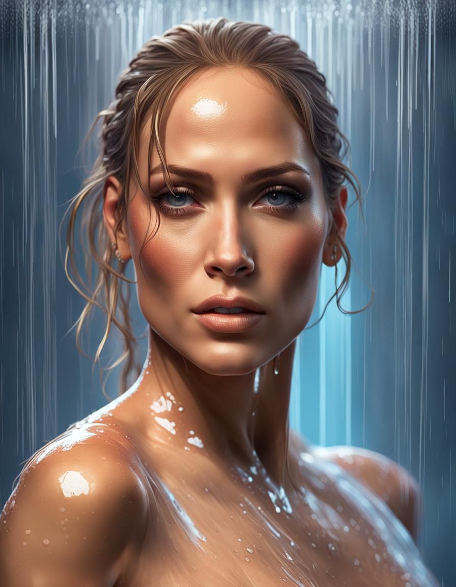 Jennifer Lopez Portrait in Shower, Hyperrealistic Splash Art