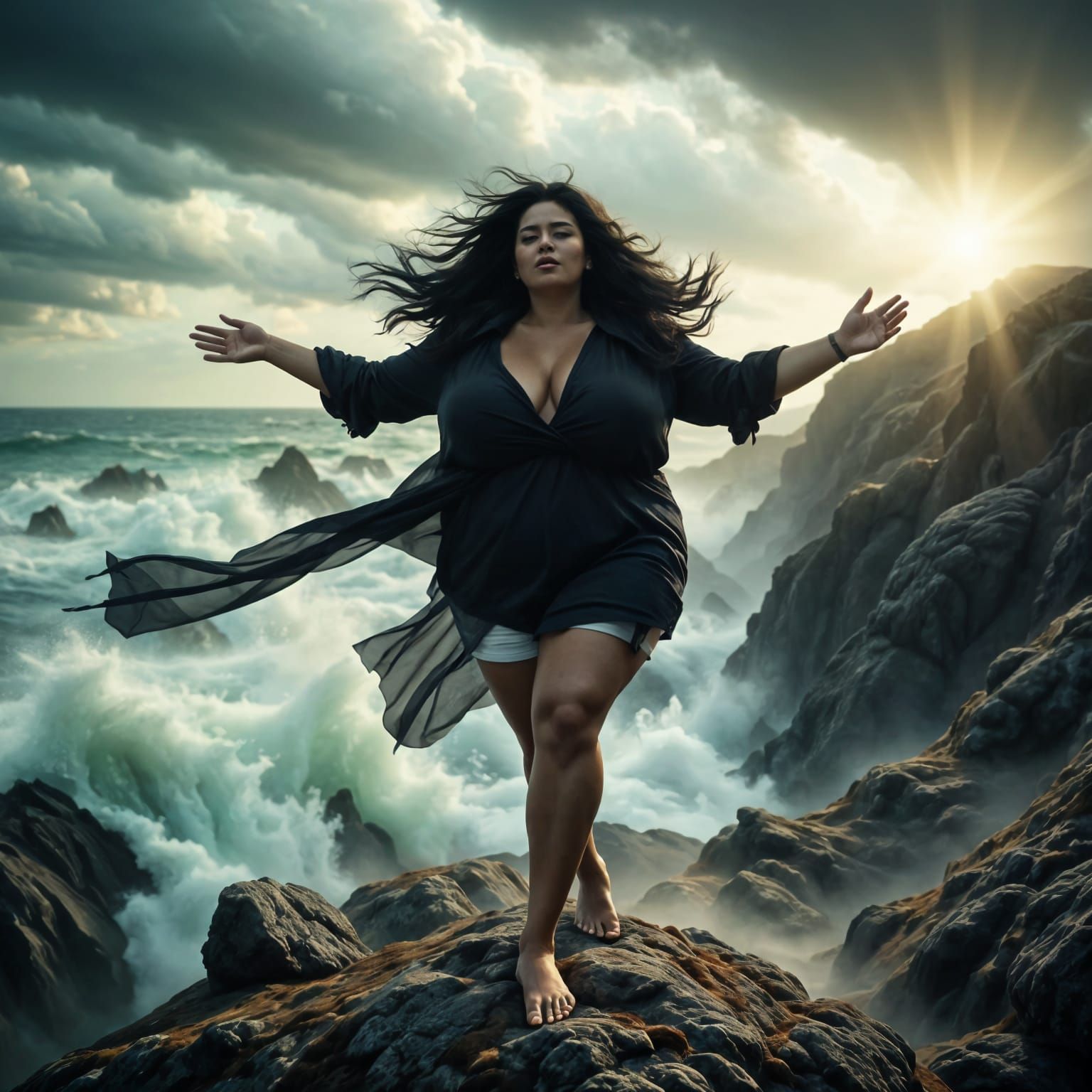 Hyperrealistic Stormy Seascape with Windswept Beauty