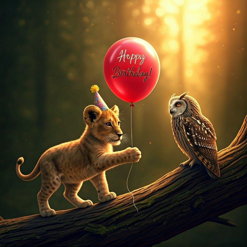 Lion Cub and Owl Celebrate Birthday in Forest
