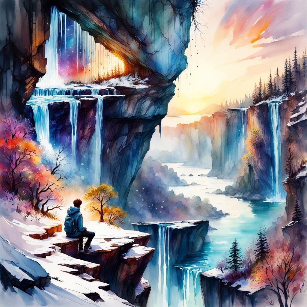 Fantasy Galaxy Waterfall in Watercolor Style