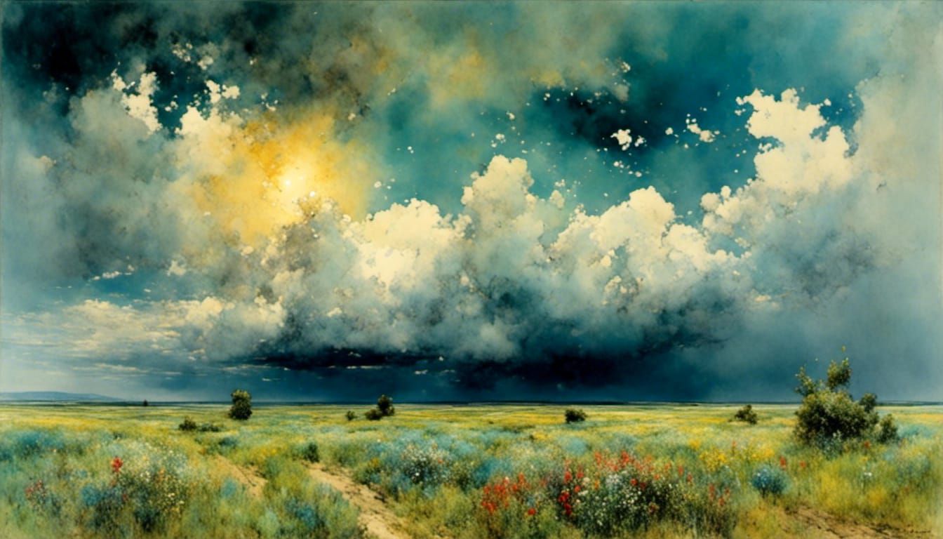 Blooming Flower Field Under Dramatic Sky