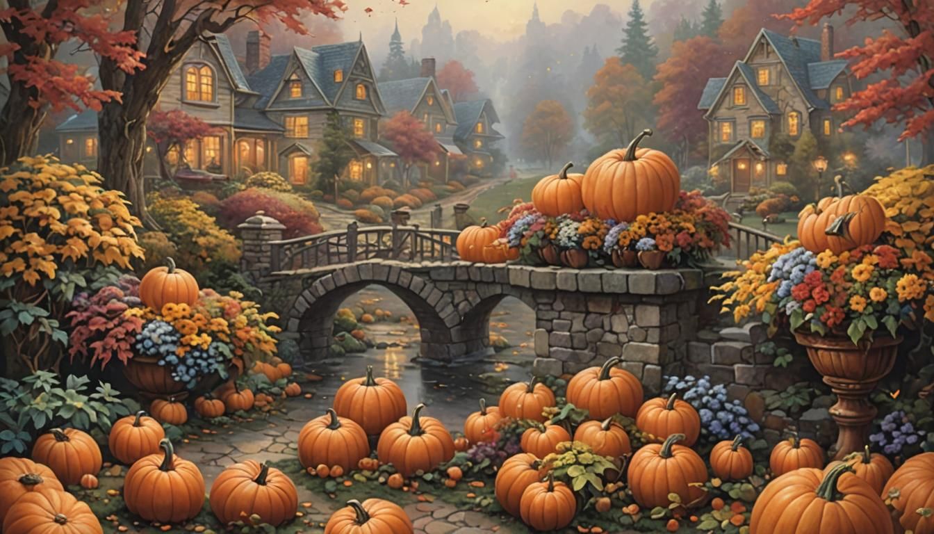 Ethereal Autumn Fantasy: Pumpkins, Flowers, and Leaves