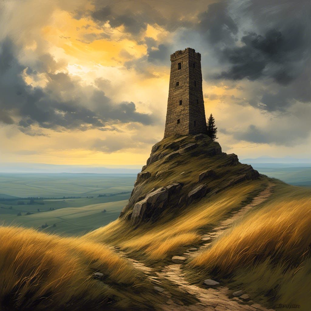 Stone Tower on Windswept Hill as Romantic Painting