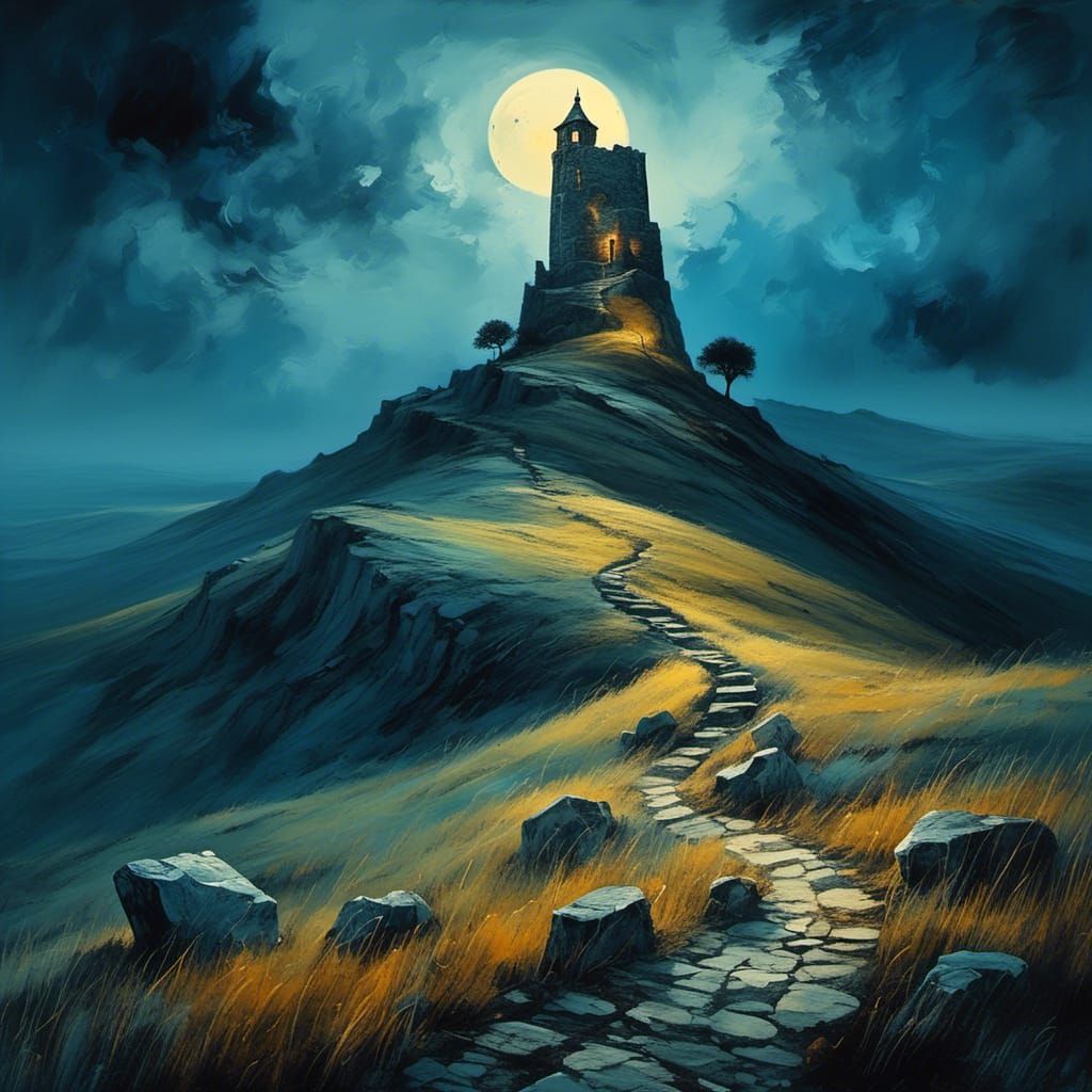 Stone Tower on Windswept Hill in Surrealist Style