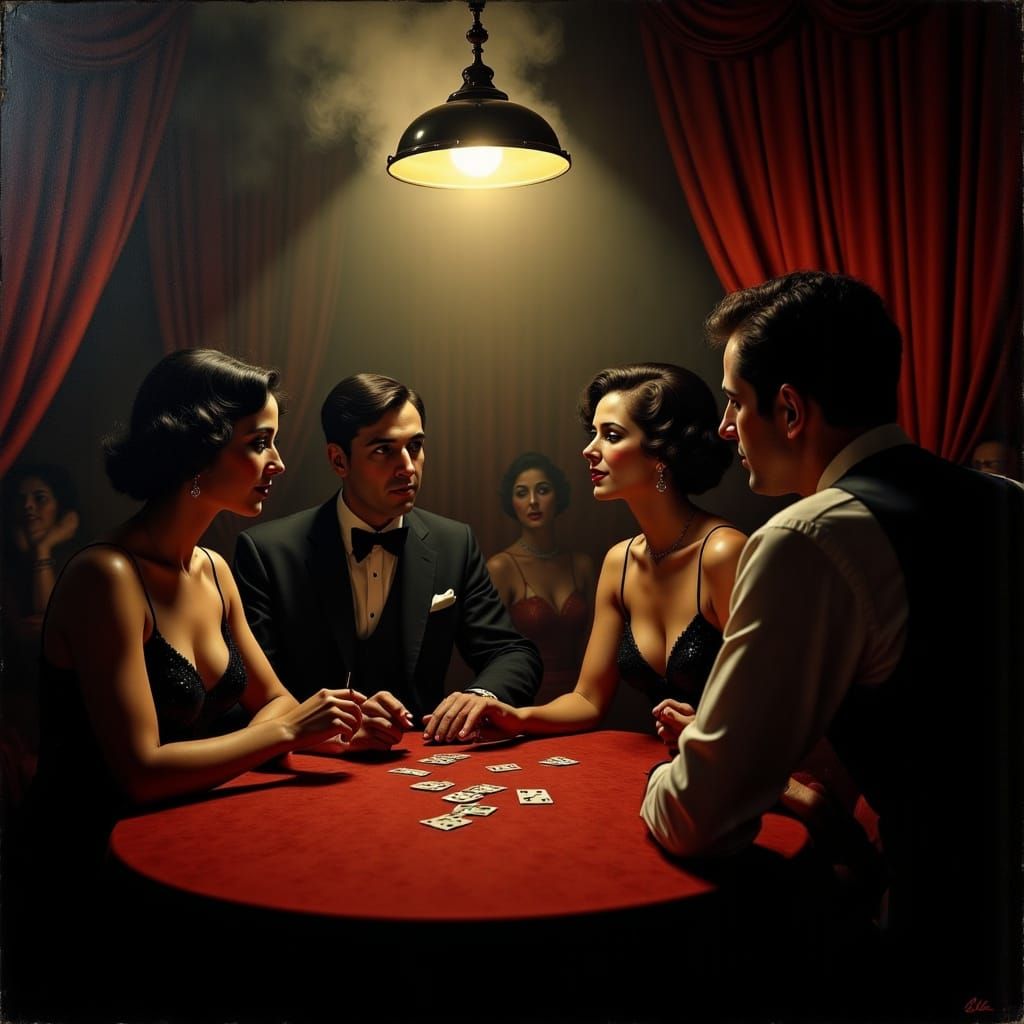 In a dimly lit, smoky 1920s speakeasy, a group of flapper girls and dapper gentlemen play a game of poker, their faces i...