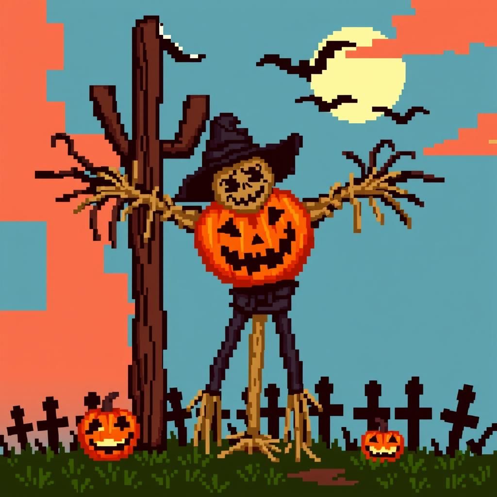 Halloween Scarecrow in Pixel Art Style