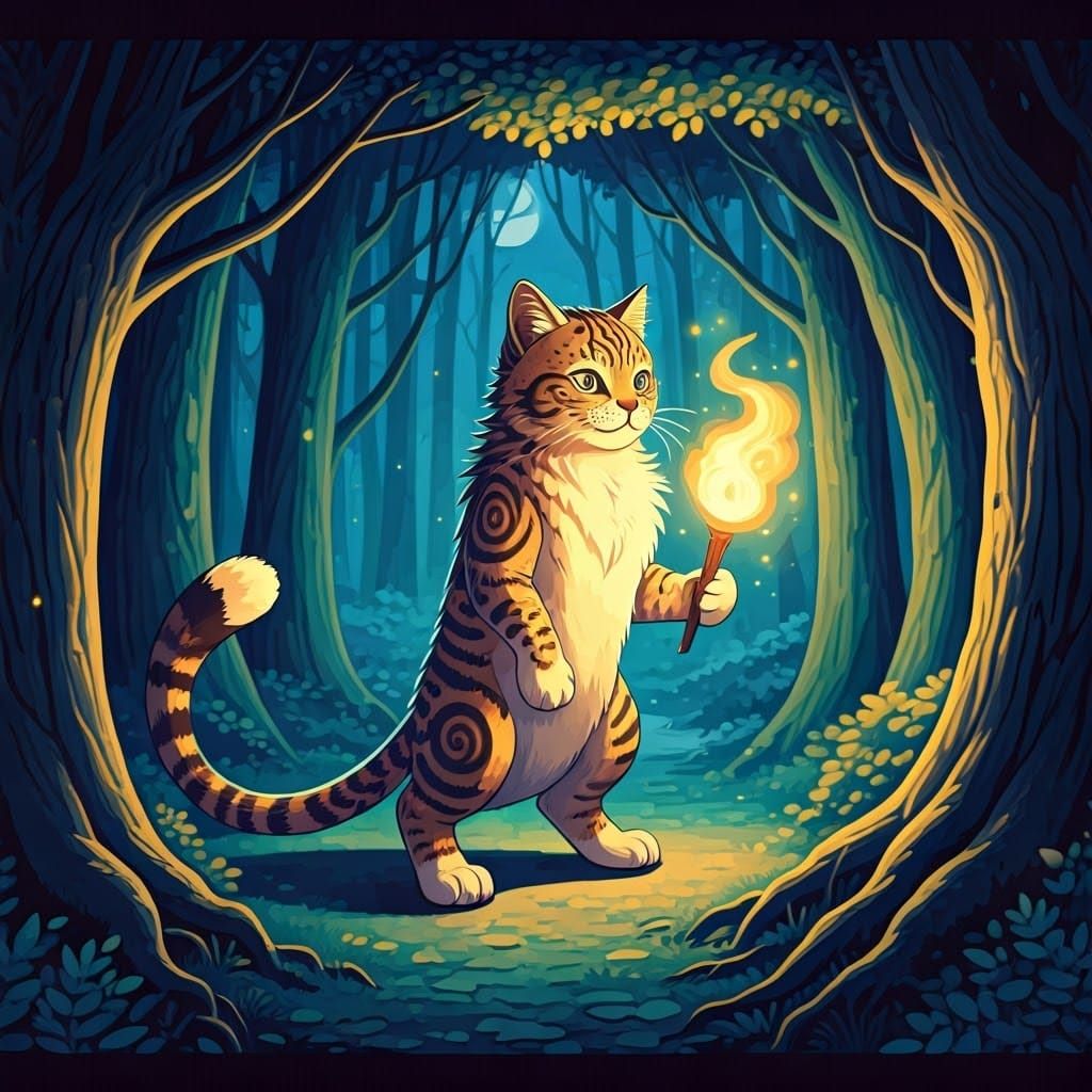 Anime Cat in Forest Holding Torch