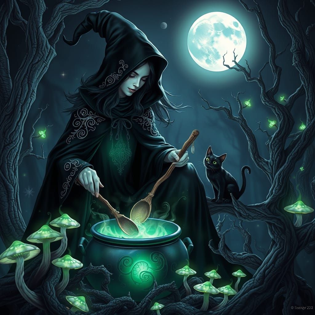 Enchanted Witchcraft Scene in Abstract Vector Style