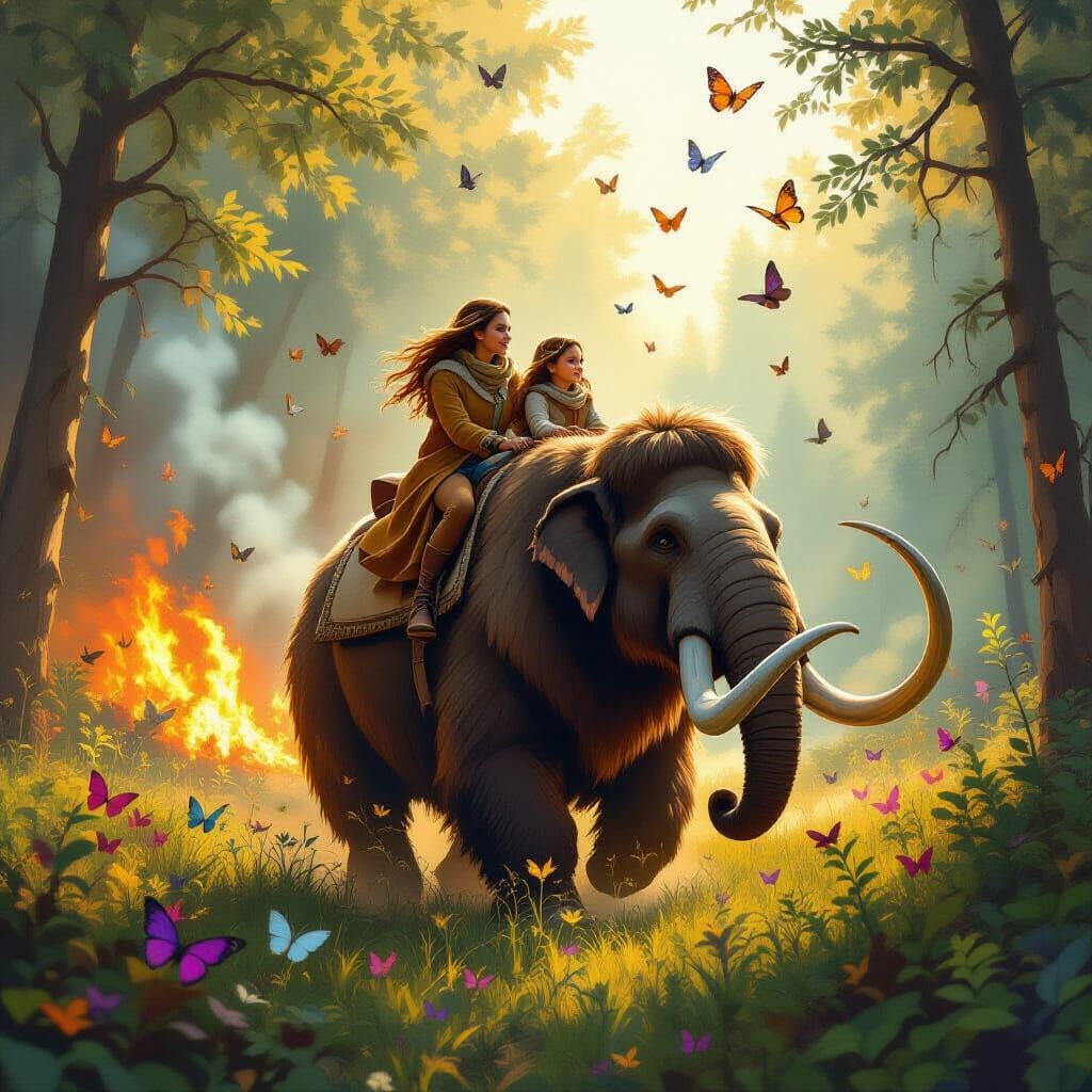 Mother and Daughter on Mammoth, in Dreamy Style