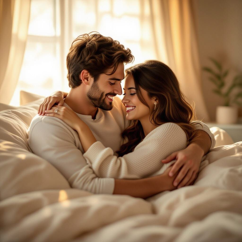 Couple Embracing in Sunlit Bedroom with Romantic Love