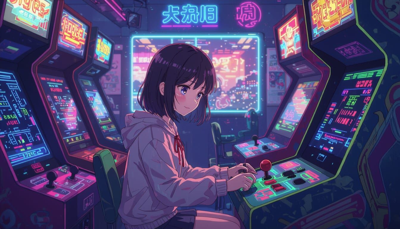Lofi Anime Girl in Retro Arcade Scene