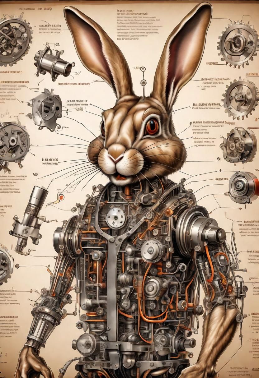Hyperrealistic Mechanic Rabbit Blueprint Drawing