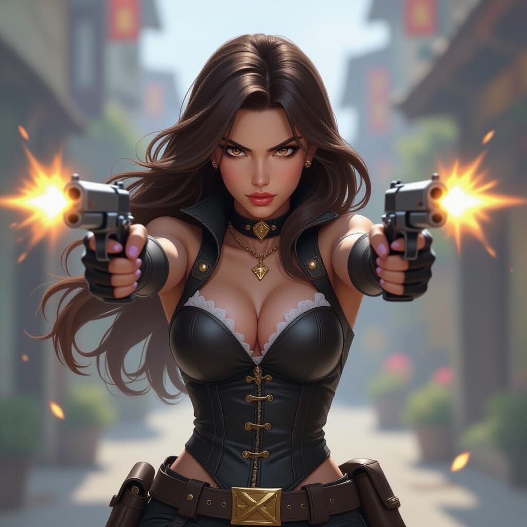 Anime Gunwoman Firing Pistols in Realistic Style