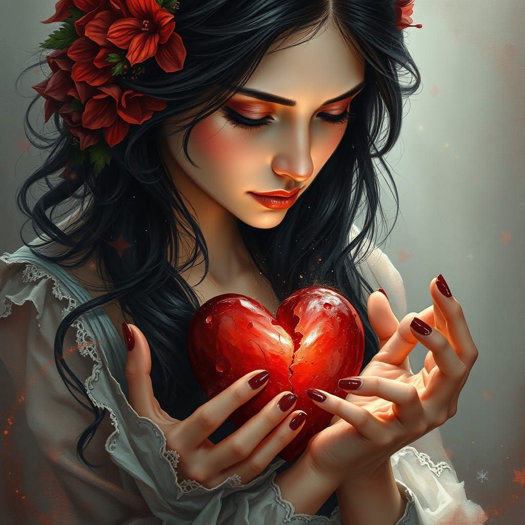 Enchanted Elegance: A Woman Cradles Broken Heart in Ethereal...