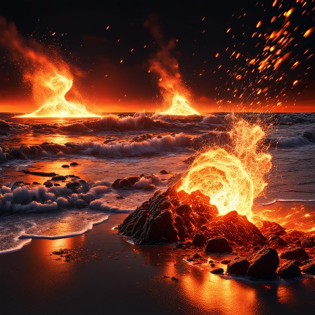 Dramatic Beach Sunset with Molten Metal Sparks