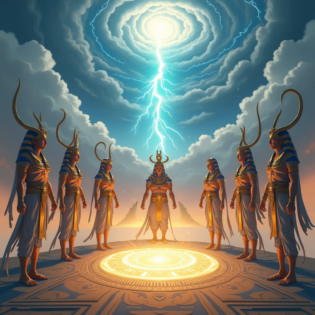 Egyptian Gods Gather Around Alchemy Circle as Zeus Watches