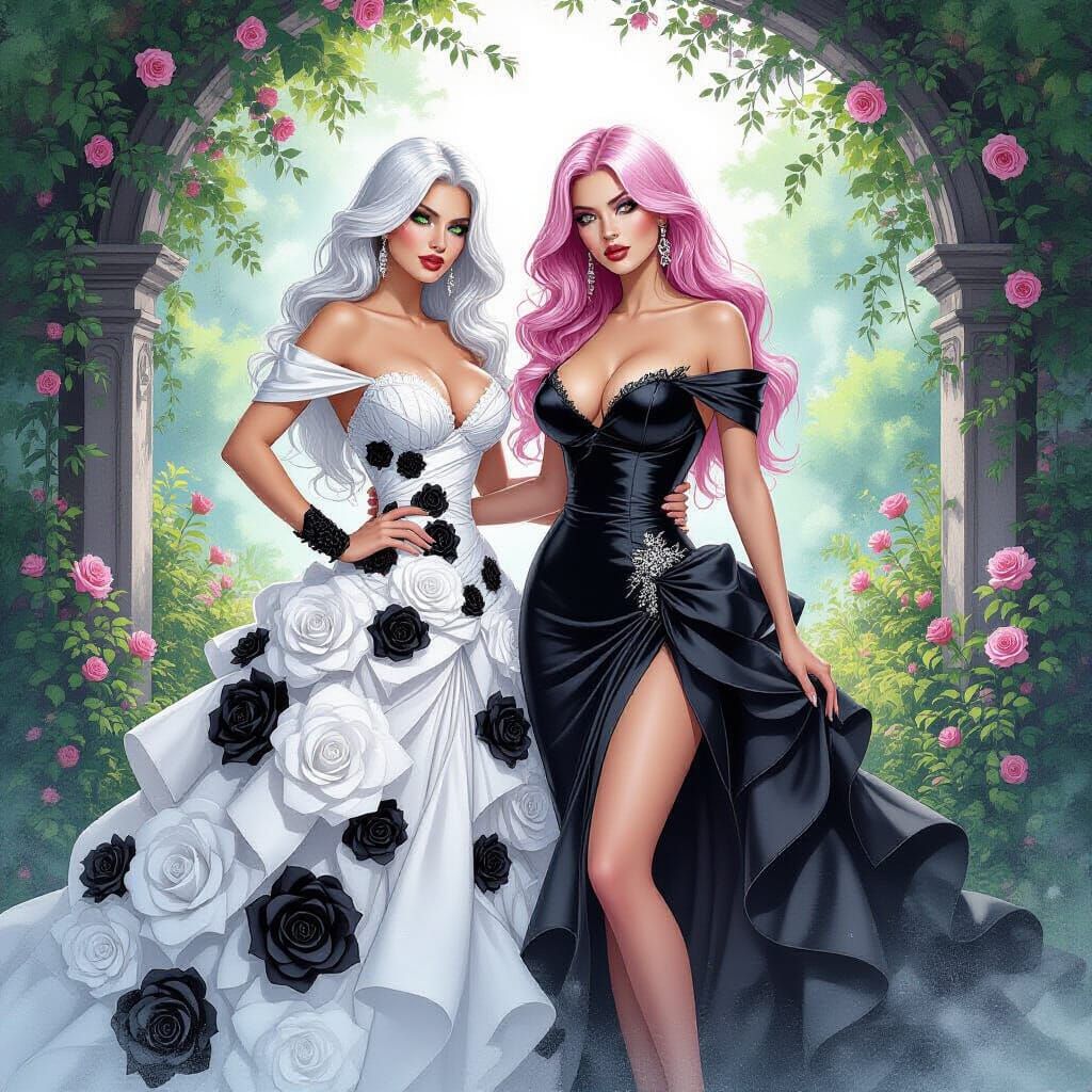 Women in Rose Gowns in Black and White Garden