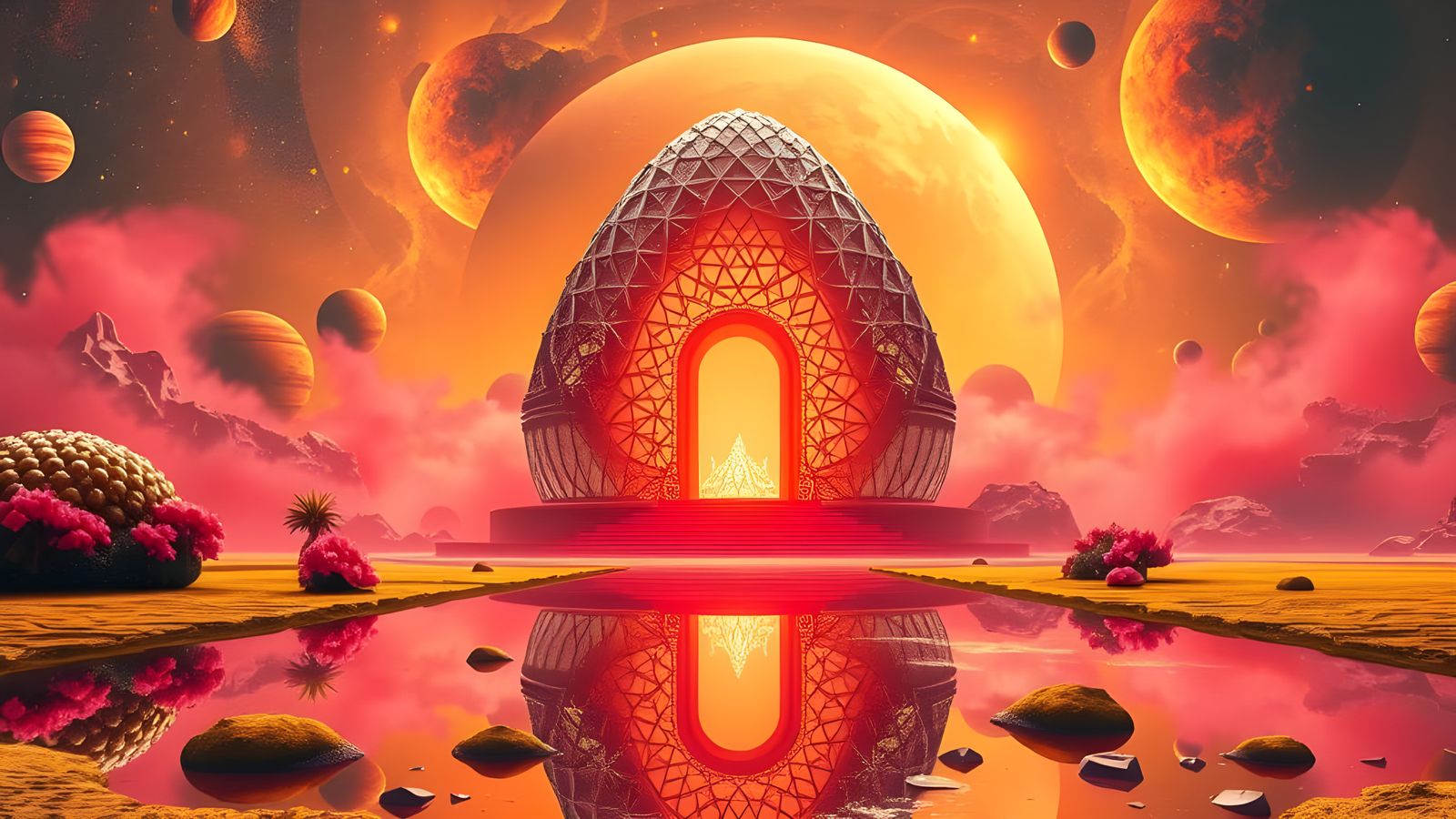 Glowing Crystal Temple Amidst Alien Landscape