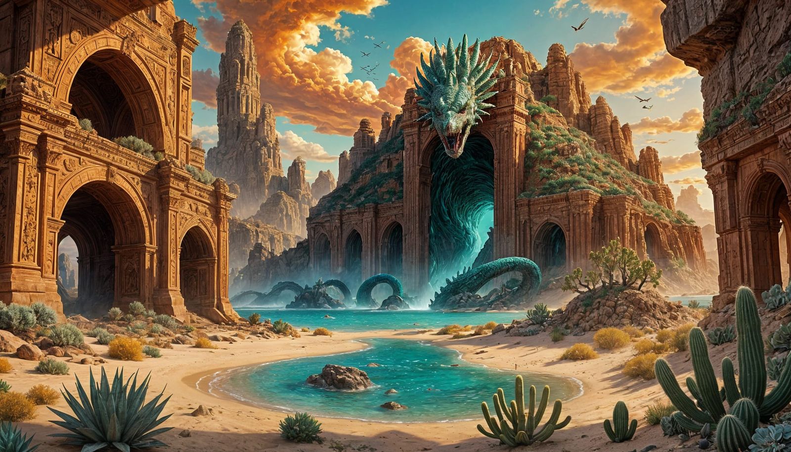 Surreal Desert Landscape with Ancient Ruins and Lava Serpent...