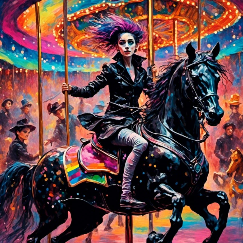 Punk Rock Girl on Rainbow Carousel as Neo-Expressionism