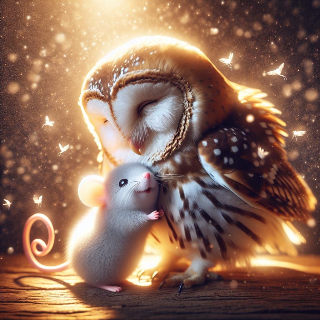 Owl and Mouse Embrace in Heavenly Light