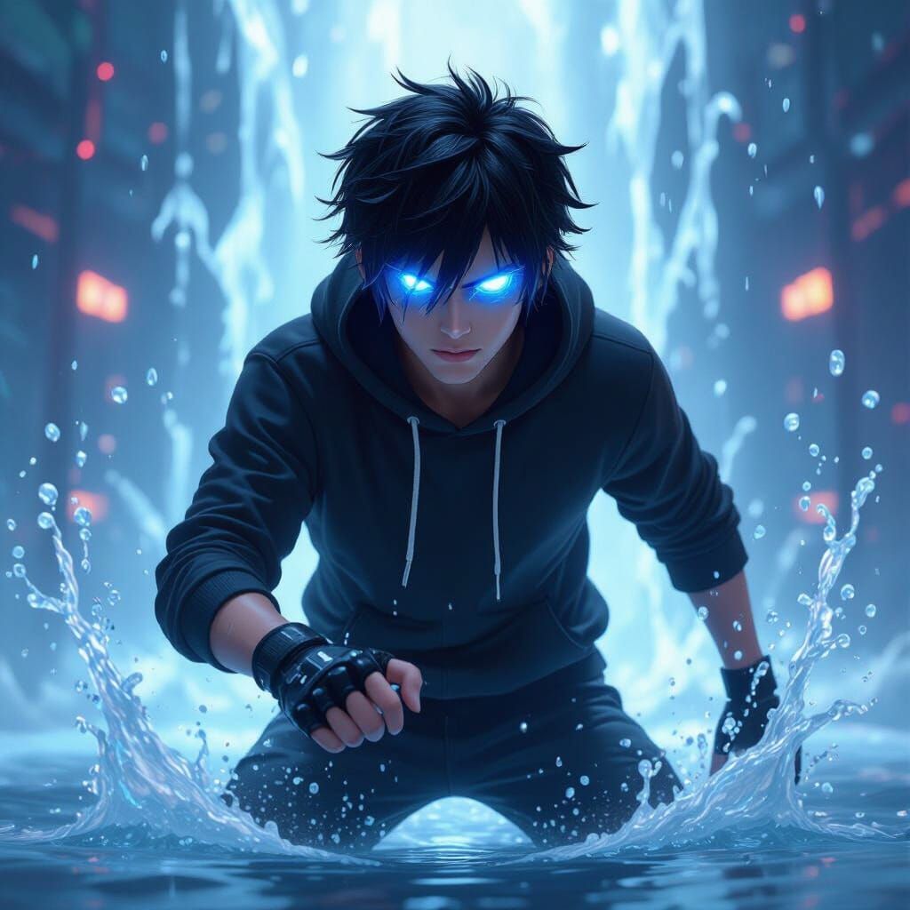 Gamer Unleashing Water Powers in Futuristic Arena