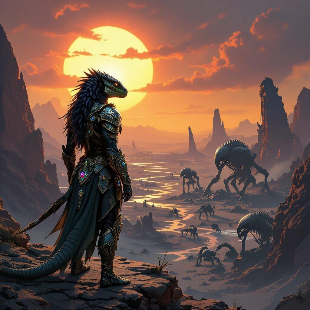 Lizardfolk Warrior Overlooks Alien Battlefield in Dark Fanta...