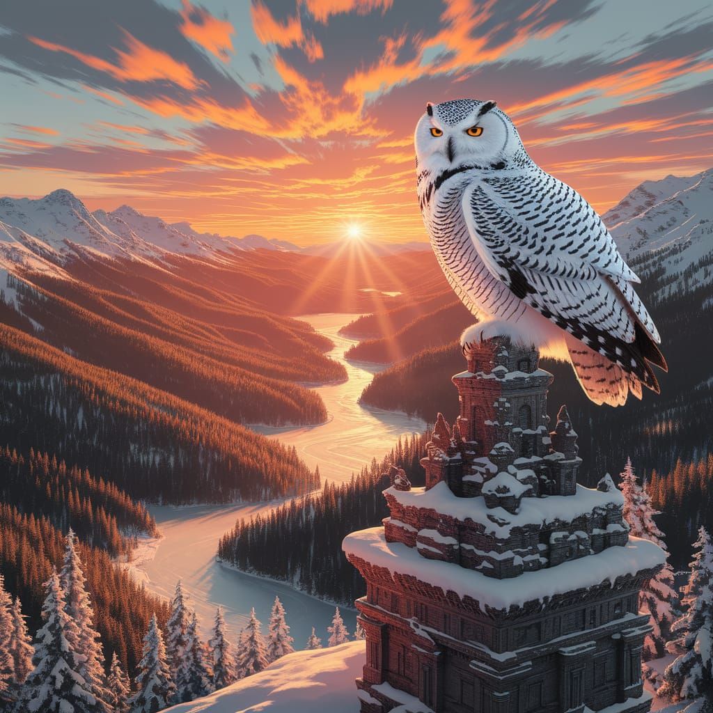 Iridescent Snow Owl on Ancient Temple, Fantasy Painting