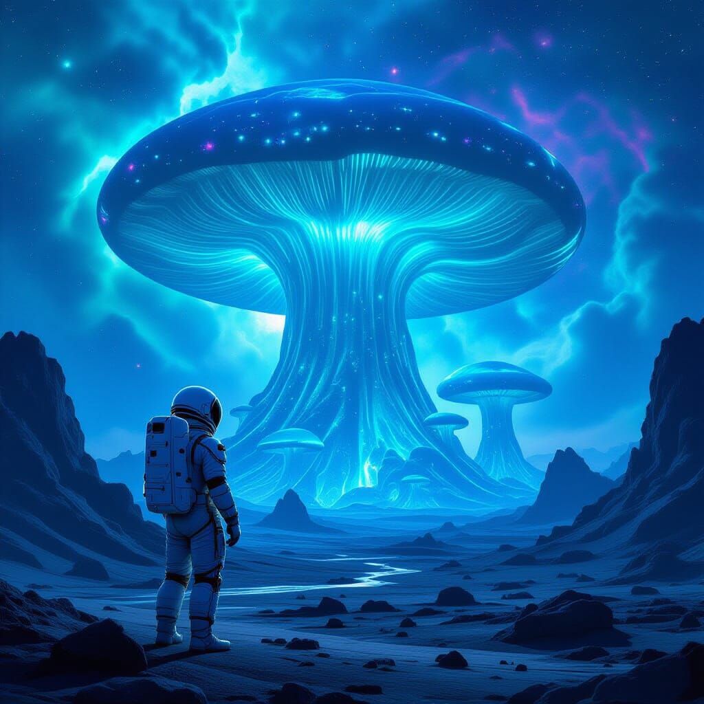Astronaut Gazes at Alien Mushroom Forest Under Nebula Sky