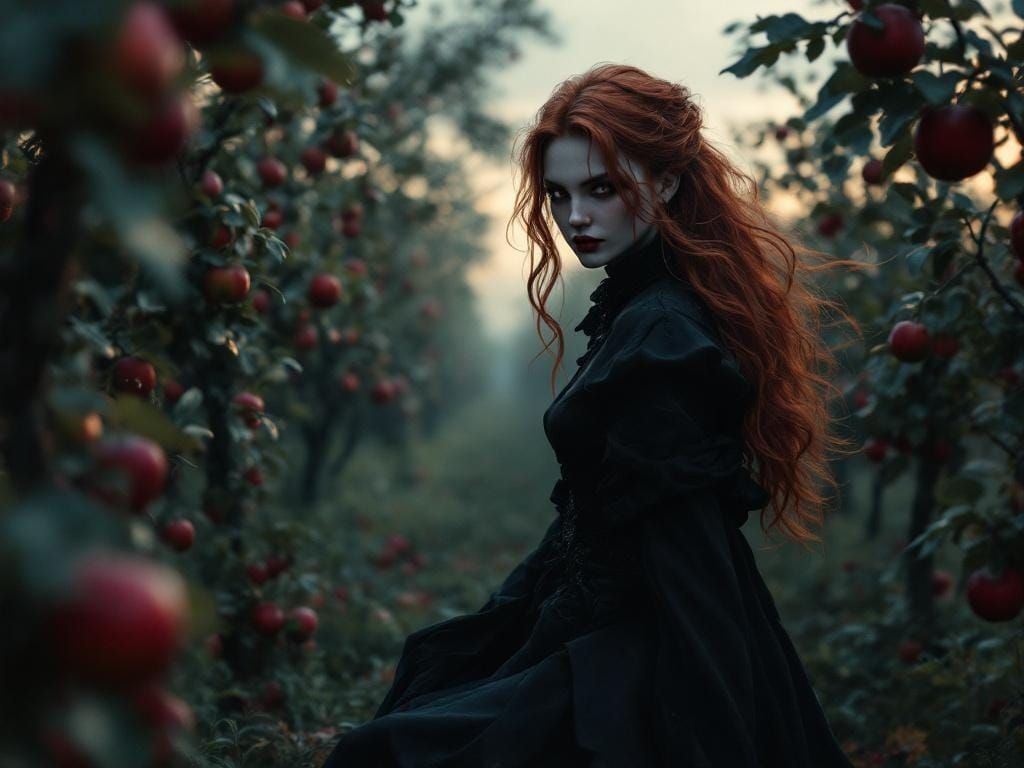 Mysterious Vampire Lady in Autumn Apple Orchard at Dawn