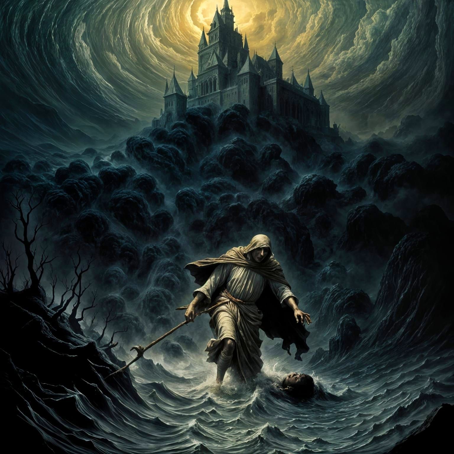 Dark Floodwaters in a Desperate Ascent