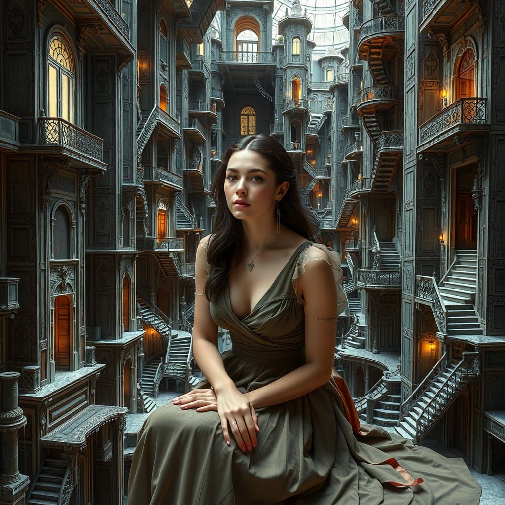 Woman in Escher-Inspired Impossible Architecture