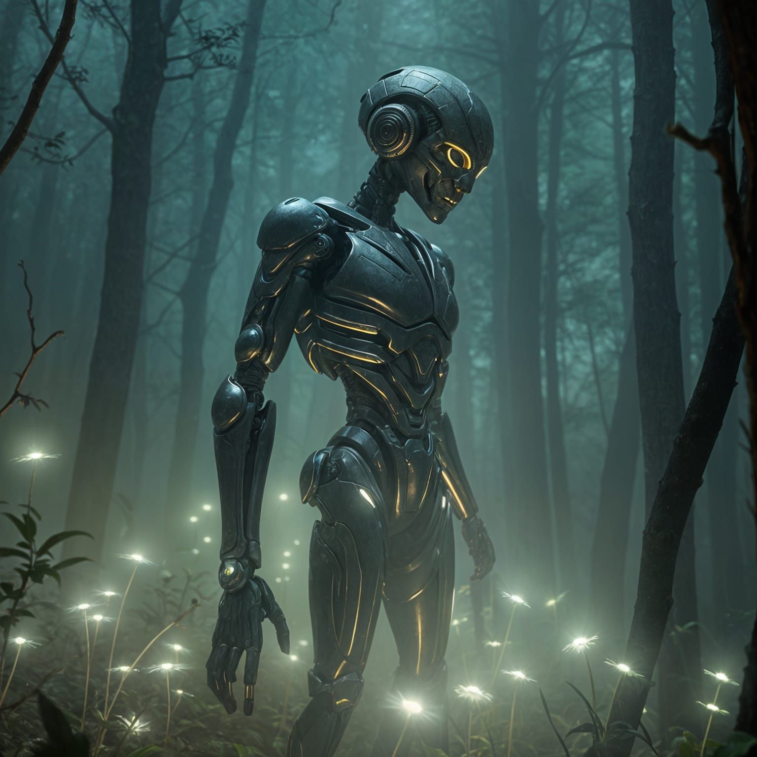 Surreal Robot in Misty Forest