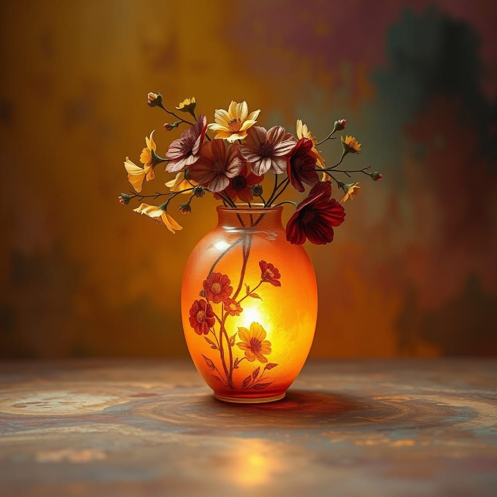 Antique Vase with Autumn Flowers in Mixed Media