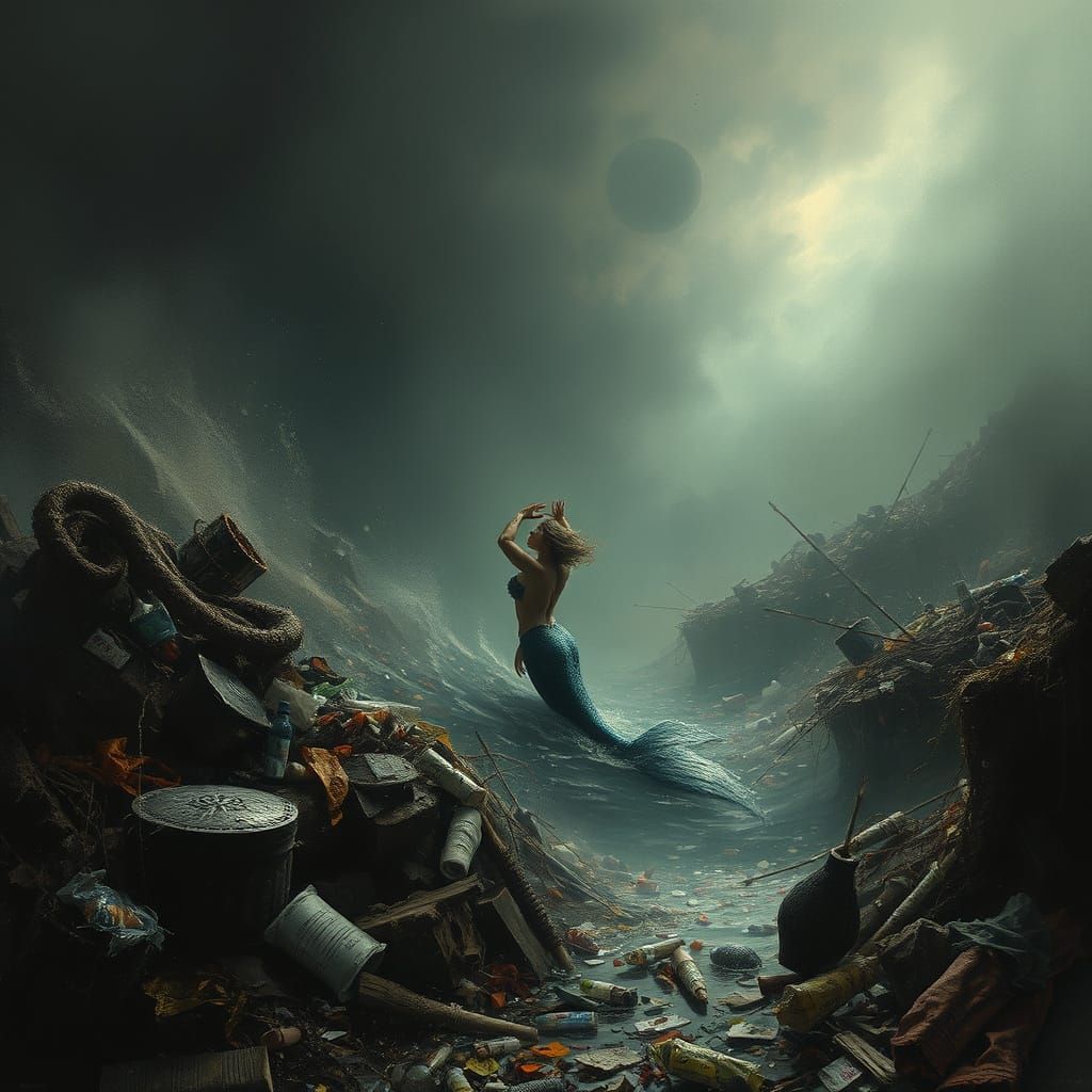 The Little Mermaid in a Dark, Polluted Sea