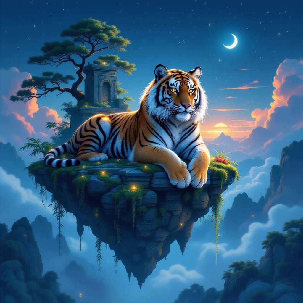 Tiger on Floating Ruin in Twilight Sky