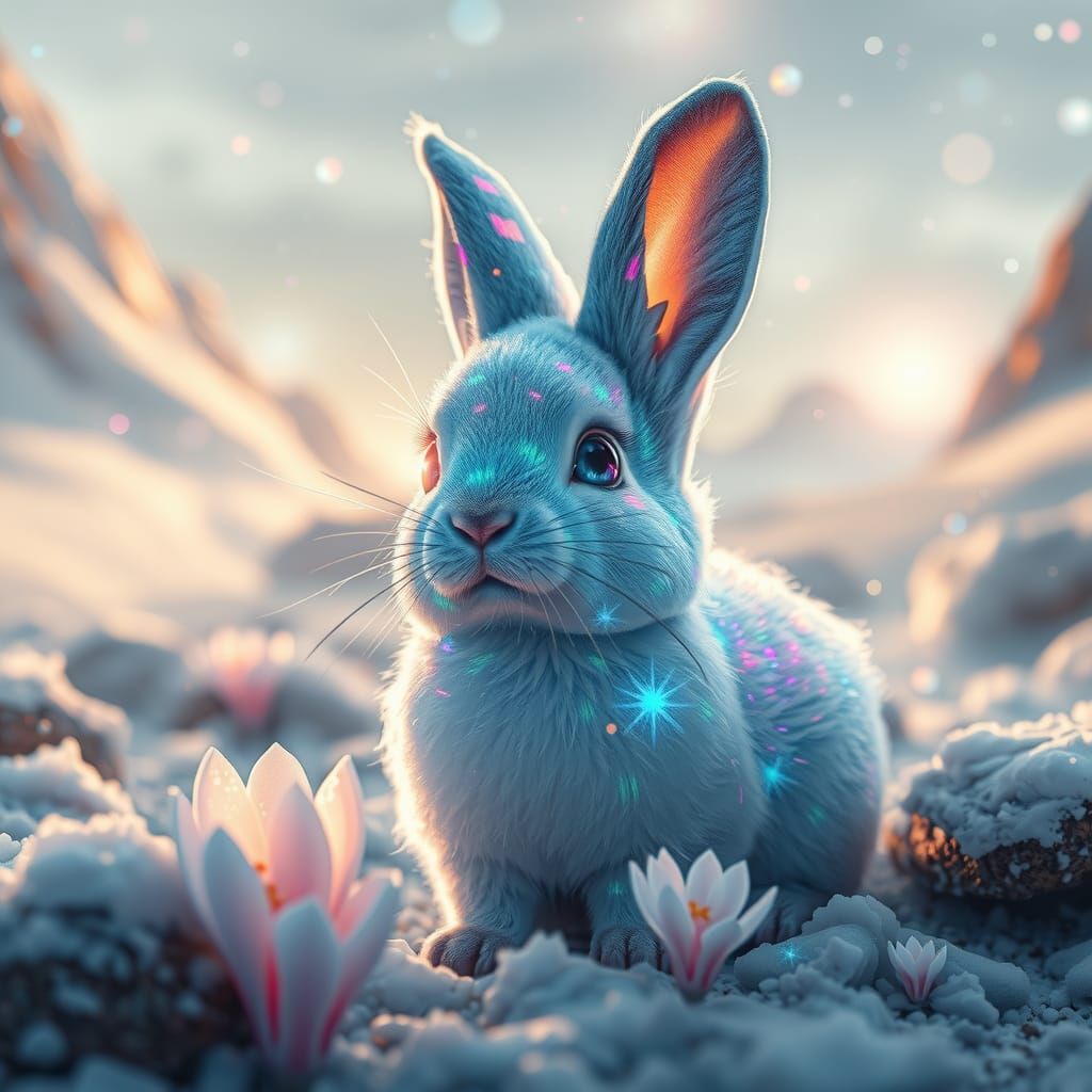 Iridescent Stellar Bunny in a Surreal Garden