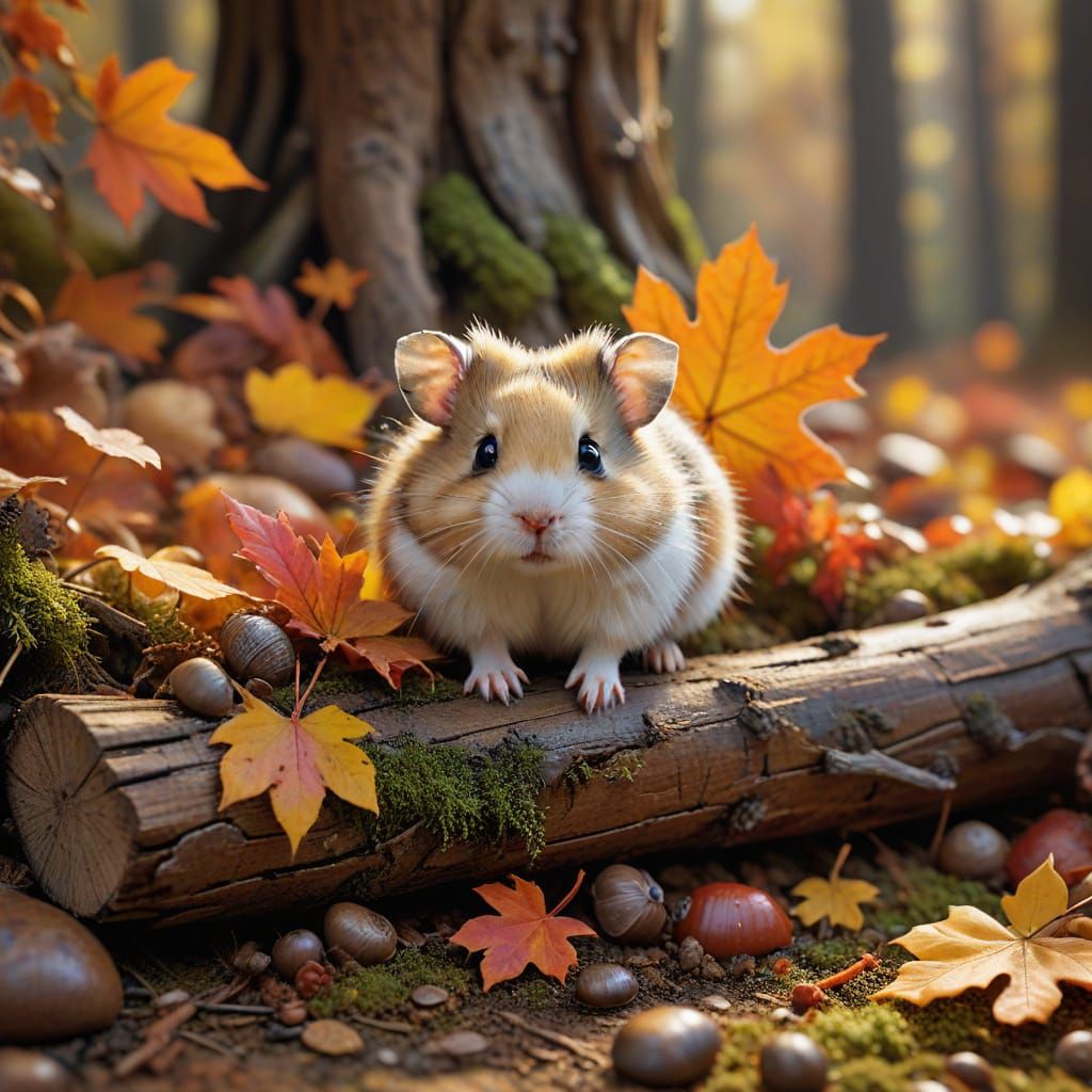 A tiny, fluffy hamster peeking out from a hollow log, surrou...