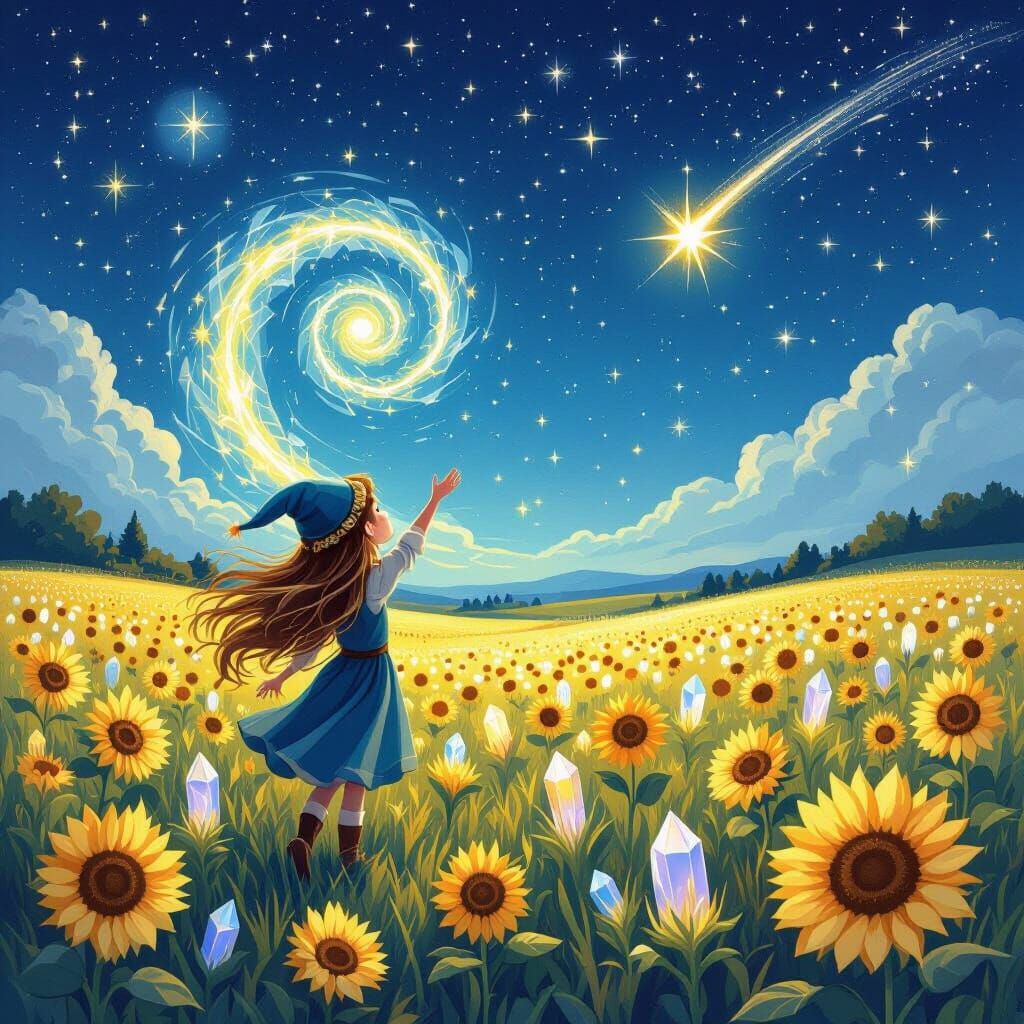 Enchanted Elf Under Shooting Star, Whimsical Illustration