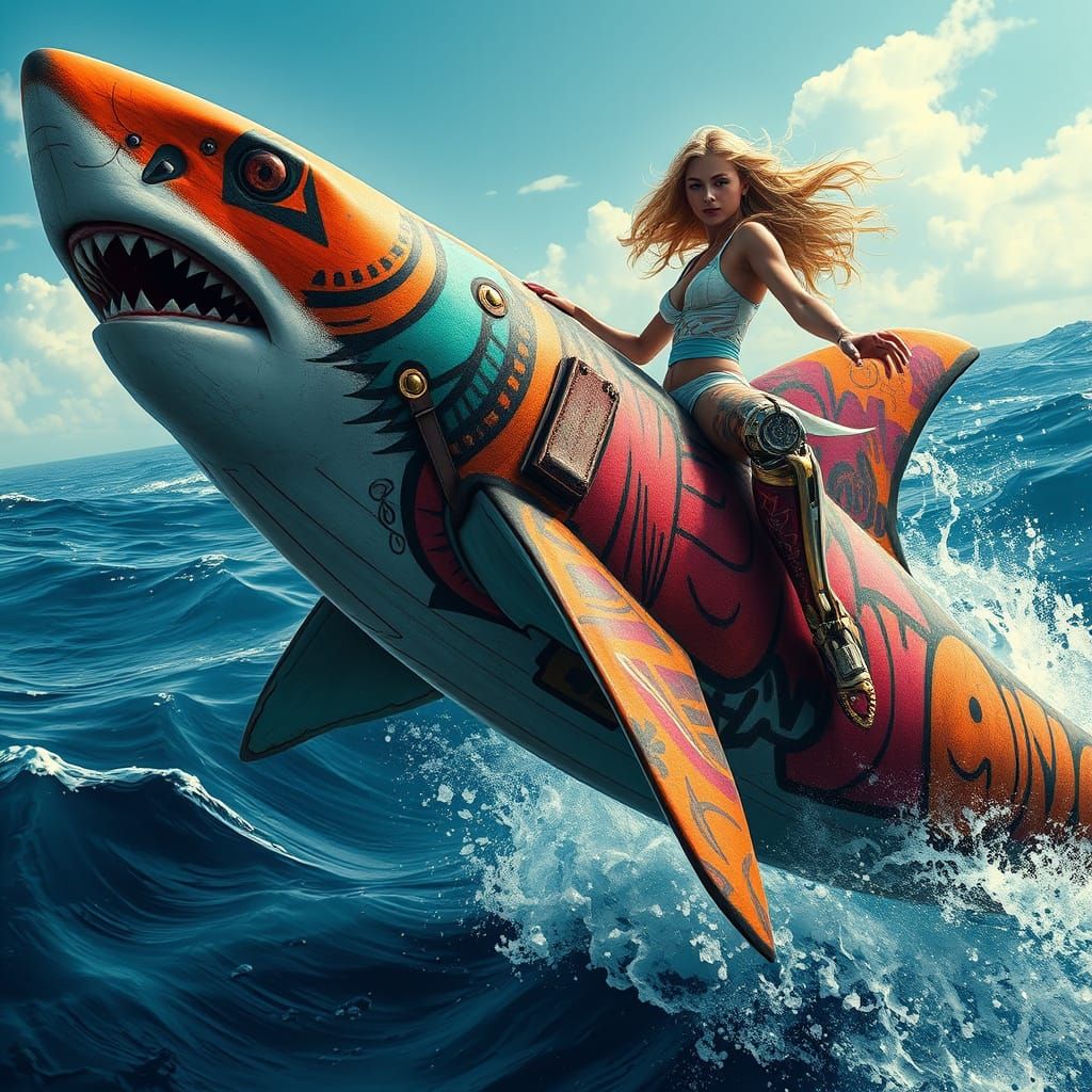Woman Rides Graffiti Shark in Gritty, Fantastical Style