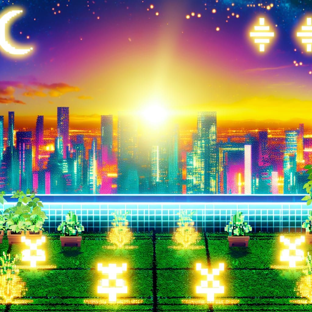 Golden Dawn of Futuristic Prosperity in Pixel Art