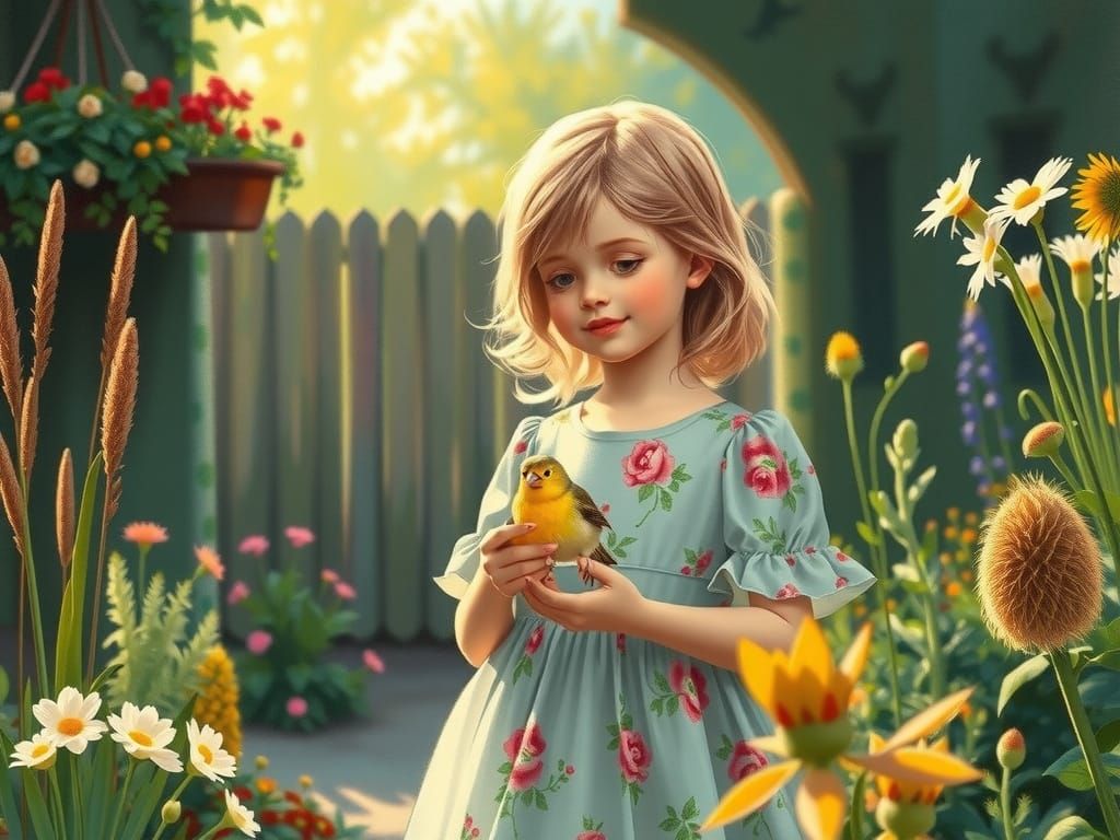 Girl with Canary in Impressionistic Garden