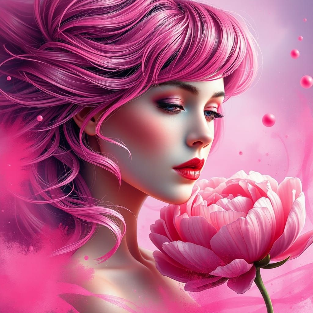 Pink-Haired Woman with Peony in Fantasy Airbrush Art