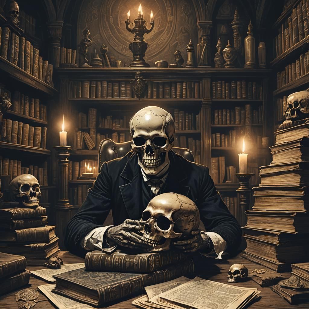 Macabre Victorian Study with Skull and Tarot Cards