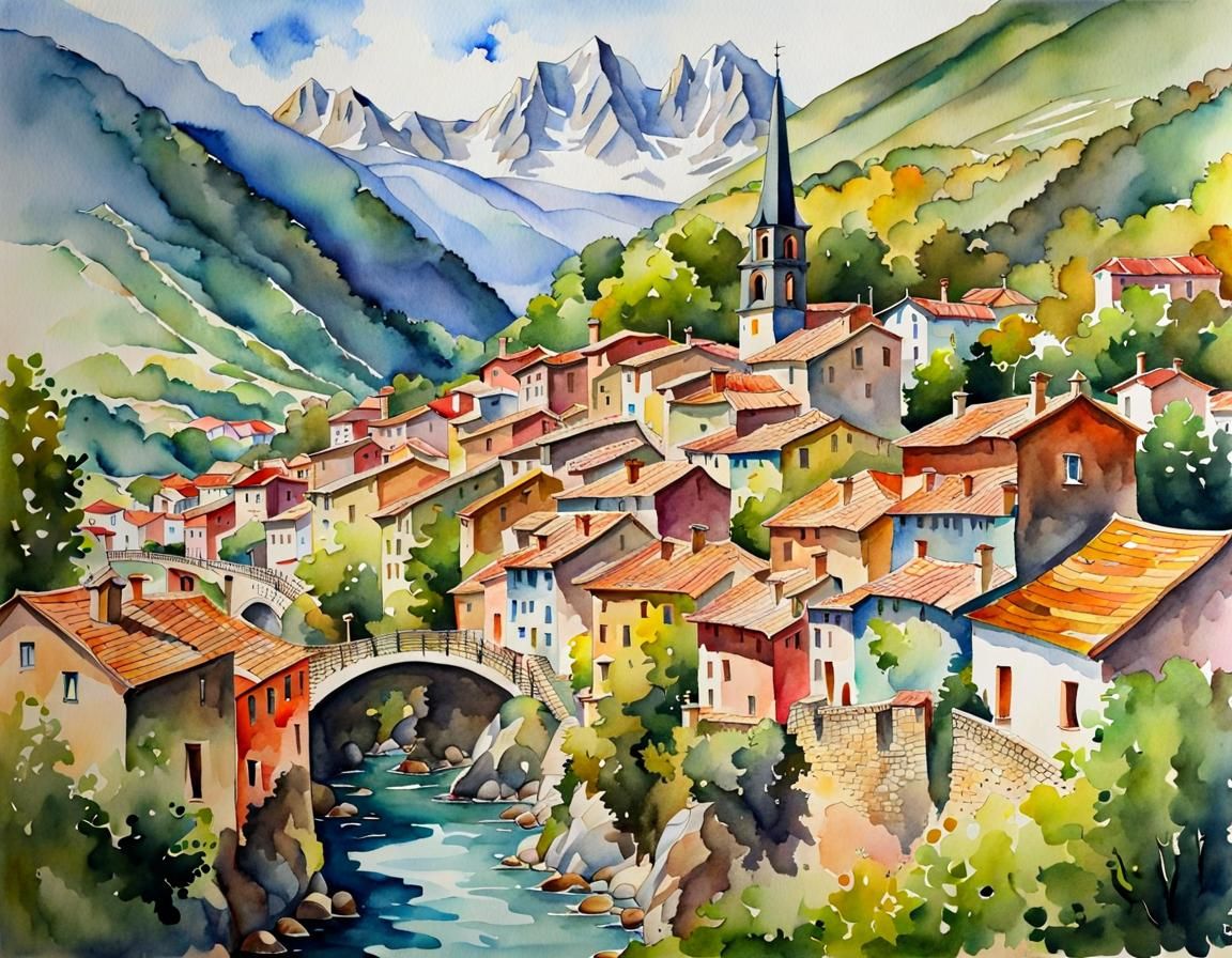 Watercolor Mountain Town in the Pyrenees