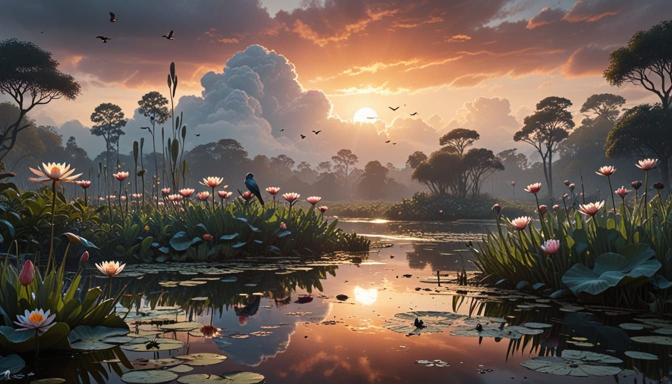 Vibrant Wetlands Ecosystem in a Warm, Sunny Atmosphere