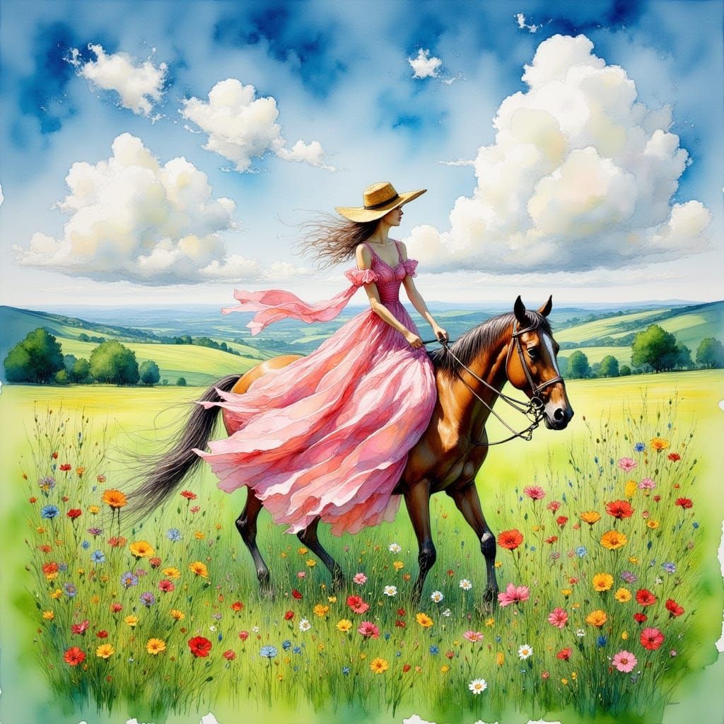 Impressionist Woman Rides Horse Through Wildflower Field