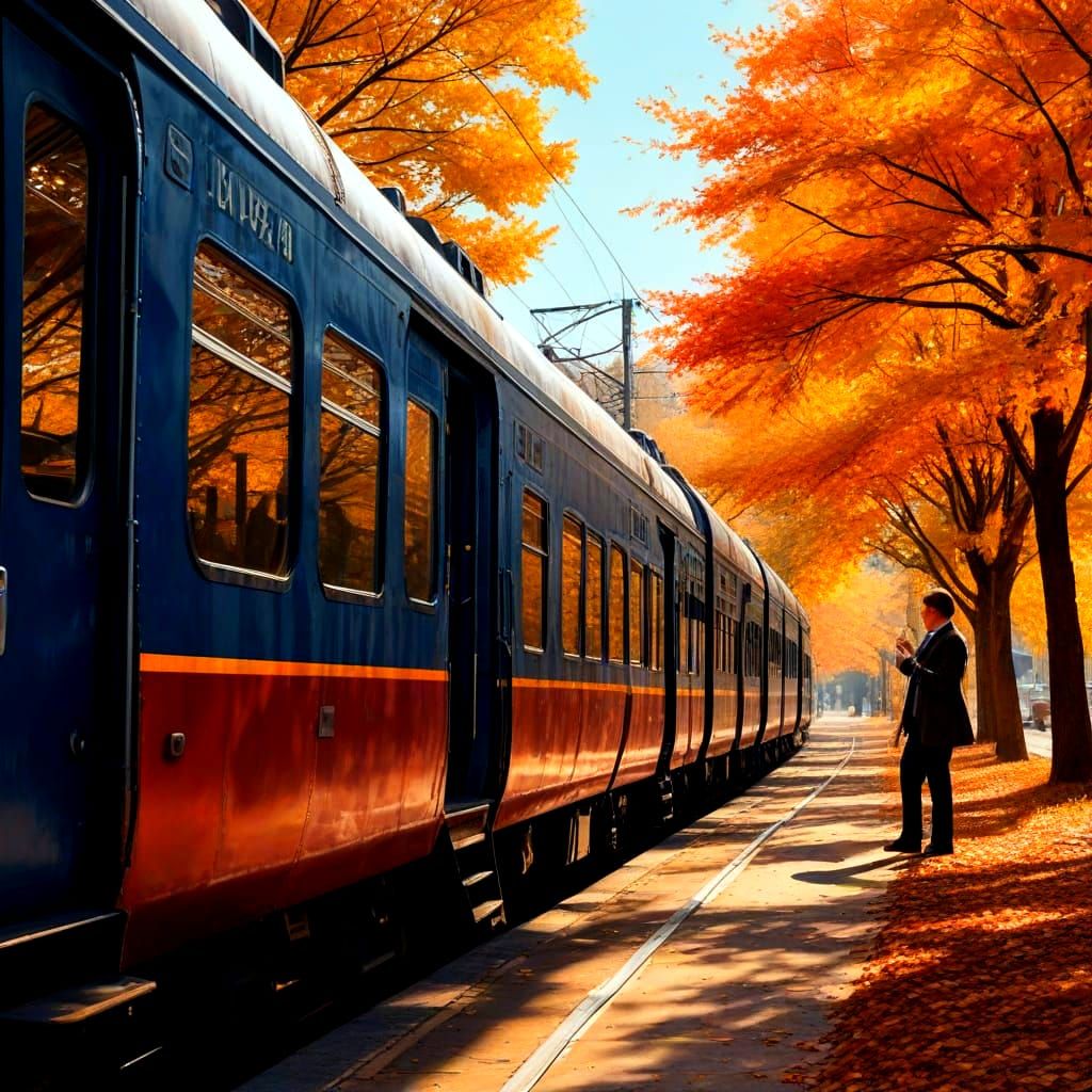 Train Station Scene in Vibrant Autumn Colors